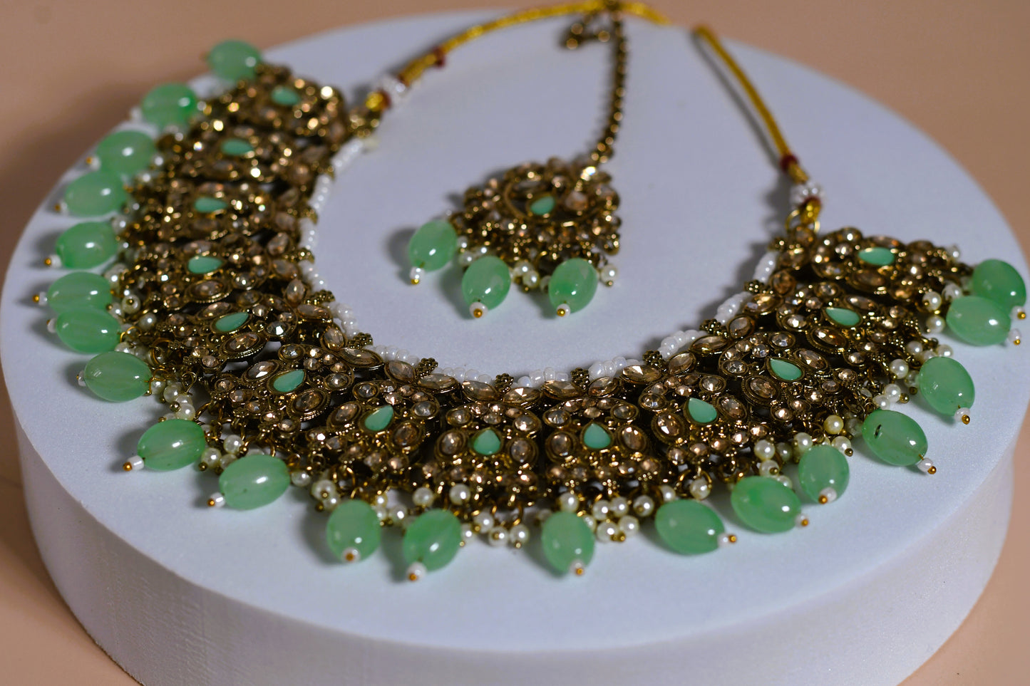 Golden Green with Pearl Necklace Set