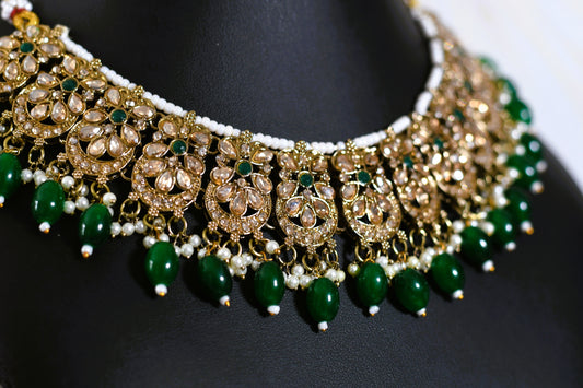 Dark Green with Gold & Pearl Necklace Set