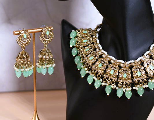 Golden Green with Pearl Necklace Set