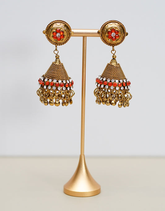 Gold with Red & Silver Stone Earrings