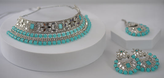 Silver Glass & Blue Choker Set
