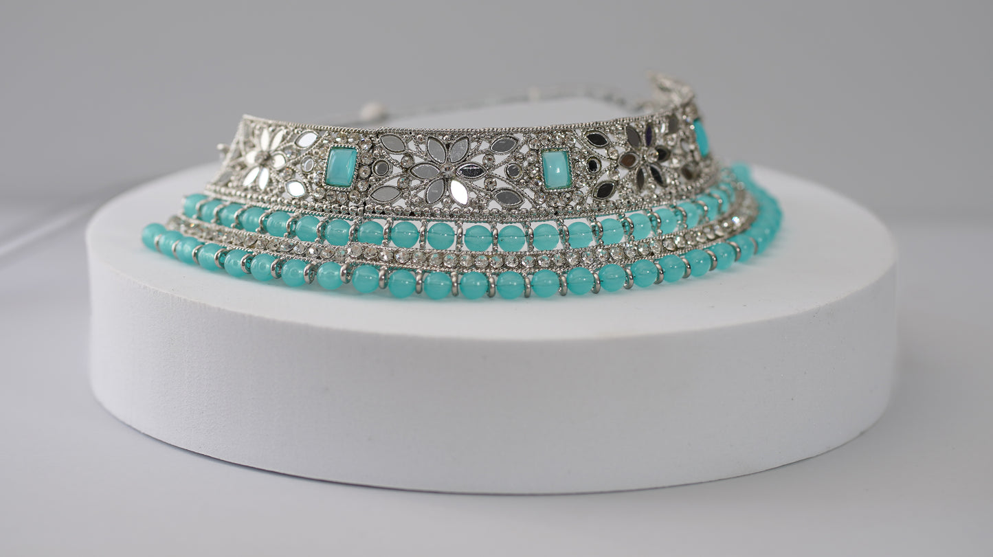 Silver Glass & Blue Choker Set