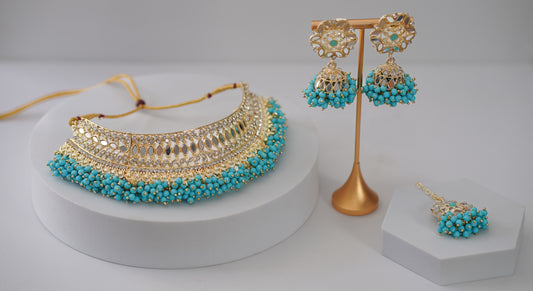 Silver Glass & Light Blue Pearled Choker Set