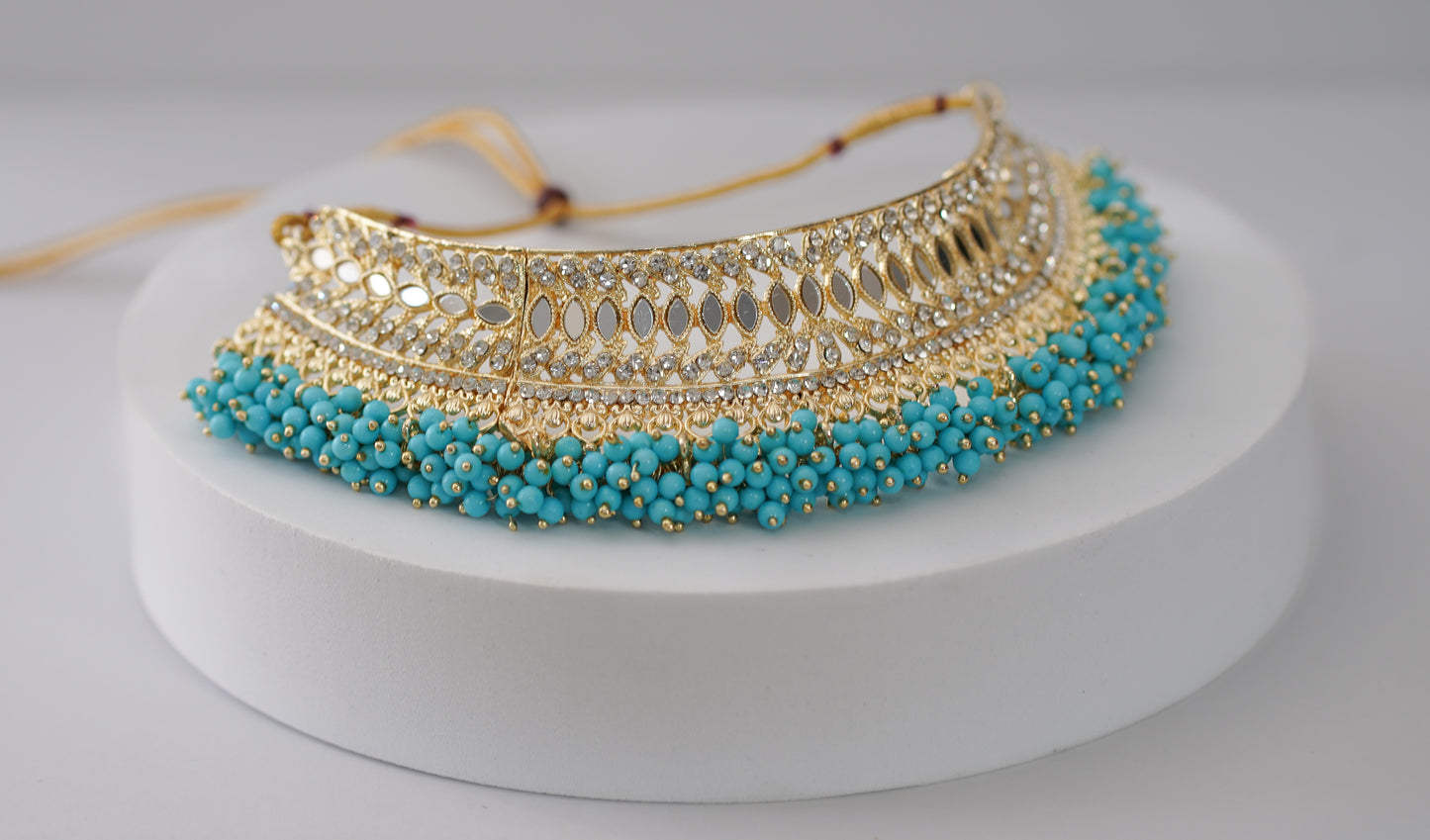 Silver Glass & Light Blue Pearled Choker Set