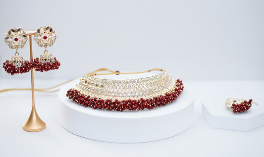 Silver Glass & Red Pearled Choker Set